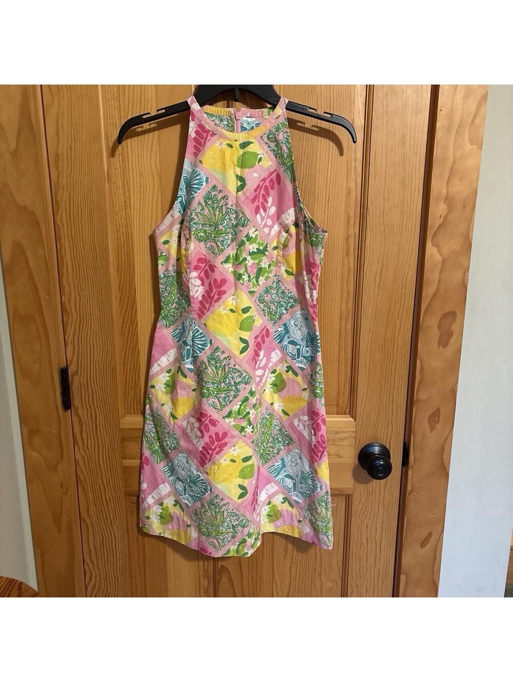 Lilly Pulitzer Halter Floral Shift Dress Lined Zip Closure Size 6 Pink Green
